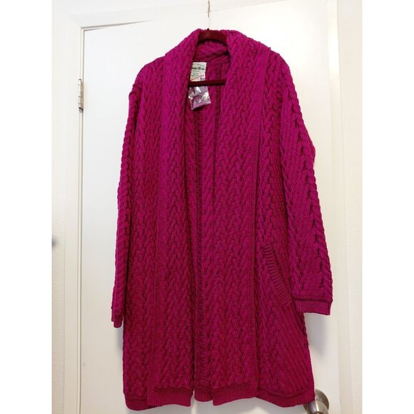 Aran Crafts Cardigan Sweater Magenta Merino Wool Knit Open Front Pockets  2X - Picture 1 of 10